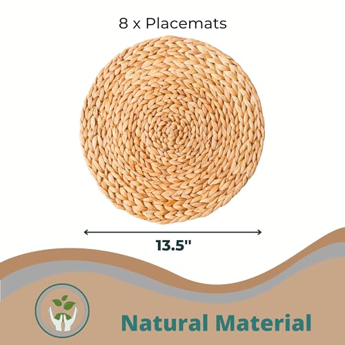 13.5-Inch Water Hyacinth Woven Placemats Set of 8 - Natural Wicker Table Mats