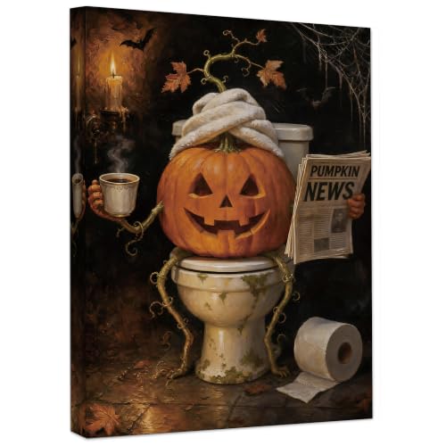 Halloween Pumpkin Bathroom Canvas Wall Art Framed 15x12 Inch - Poecinvi