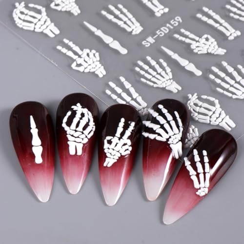 Halloween Nail Art Stickers 5D Embossed Skull Hand Rose Bone Design A4 - DIY Nail Decals