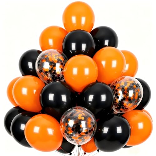 Halloween Balloons Set 50pcs 12in Latex Decorations - Orange, Black & Confetti, Variation: Orangeblack