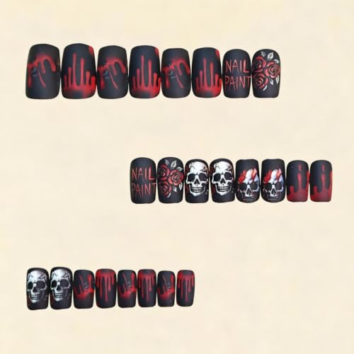 Halloween Press on Nails - Spooky Skull & Red Rose Short Square Fake Nails H19