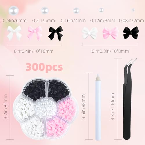 300PCS Nail Art Charms Set with 3D Bow & Flatback Pearls for Manicure DIY