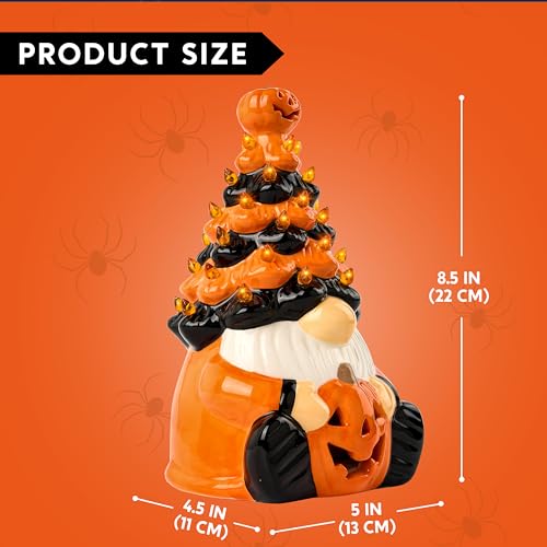 Halloween Pumpkin Gnome Ceramic Tree with Built-in LEDs - 8.5 Inch Tabletop Decor