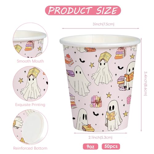 White Ghost and Book Halloween Paper Cups 9oz - 50 Pack Disposable Drinkware