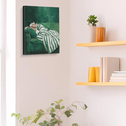 Emerald Green Woman Canvas Wall Art - Abstract Bedroom Decor - Variation D