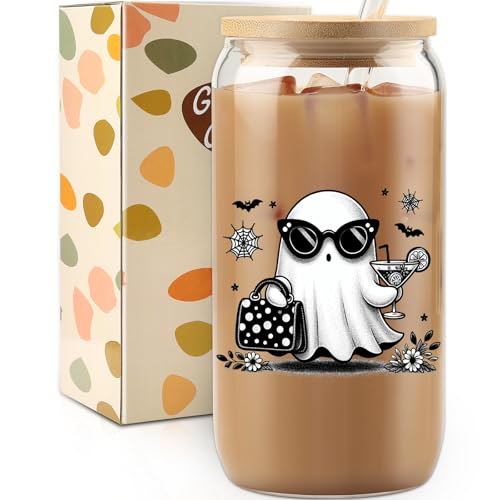 Cute Ghost Halloween Drink Tumbler with Bamboo Lid & Straw - Fall Gift for Her - Variation of Cute-Ghost-Drinking