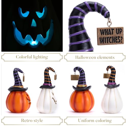 Medium Halloween Pumpkin Decorations Set - Resin Jack O Lantern Figurines with Light, Witch Hat, 5.7 Inches