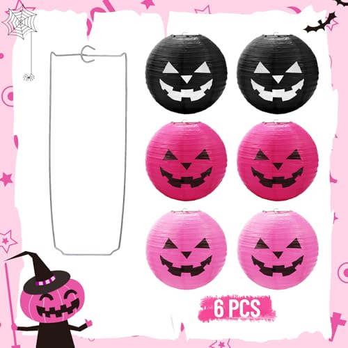 Halloween Hanging Paper Lanterns Set - Pink & Black Pumpkin Decor, 6 Pieces