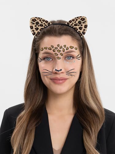 Leopard Cat Ears Headband with Face Jewels Halloween Costume Accessories for Women - Variation: Leopard Cat