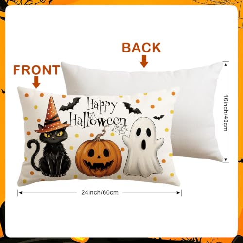 Halloween Cat Pillow Cover 16x24 Inch Lumbar Throw Pillowcase - Black Ghost Pumpkin