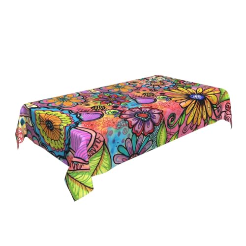 Hippie Flowers Rectangular Tablecloth 60x90 Inch Washable Outdoor Dining Cover - Boho Decor