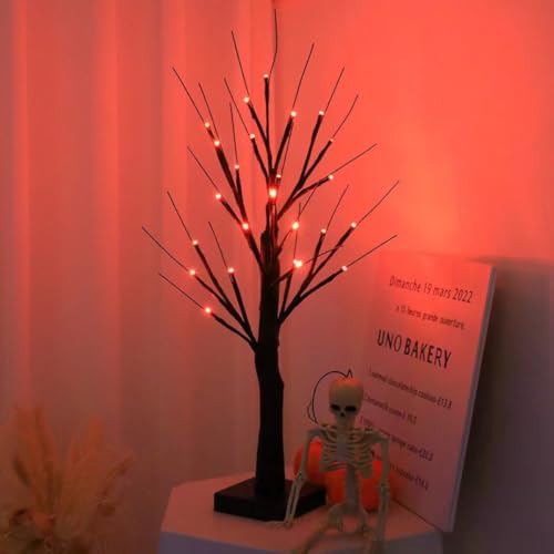 Black Halloween Tabletop Tree Set with Orange LED Lights - 24 Inch, Battery Operated, Indoor Decor