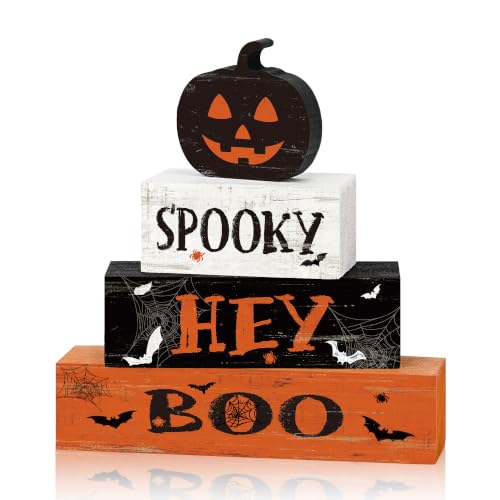 Halloween Wooden Block Decor Set - Spooky Boo Variant, Jack-O'-Lantern Pumpkin