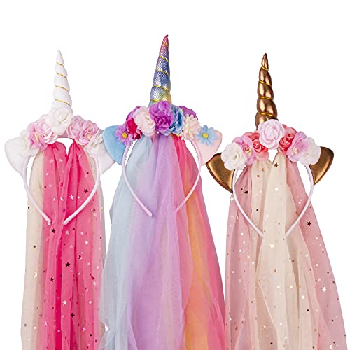 Unicorn Headband Set - Rainbow, Rose Gold & White Horns with Tulle for Birthday & Easter