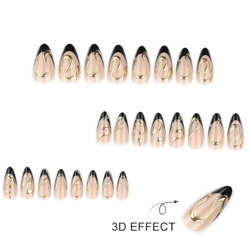 Black French Tip Press On Nails - Gold Lines Design, Medium Almond, Style19