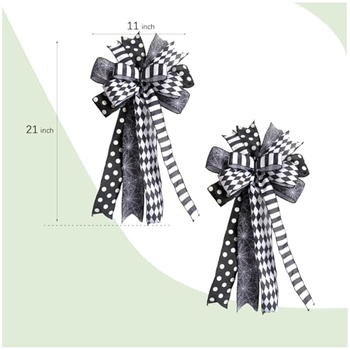 Halloween Black White Bow Set of 2 for Wreath & Home Decor - Spider Web Ribbon