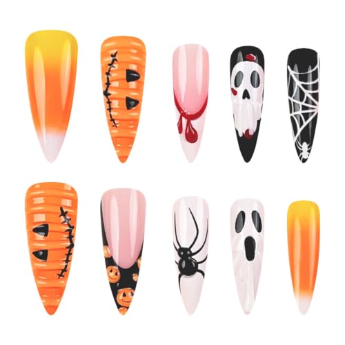Long Halloween Pumpkin Ghost Spider Fake Nails - Press On Nails 24pcs, Colour 19
