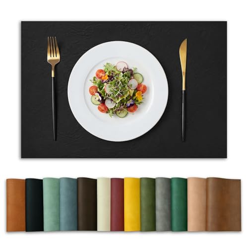 Black Faux Leather Placemats Set of 8 - 12x18 Inch Waterproof Reversible Table Mats