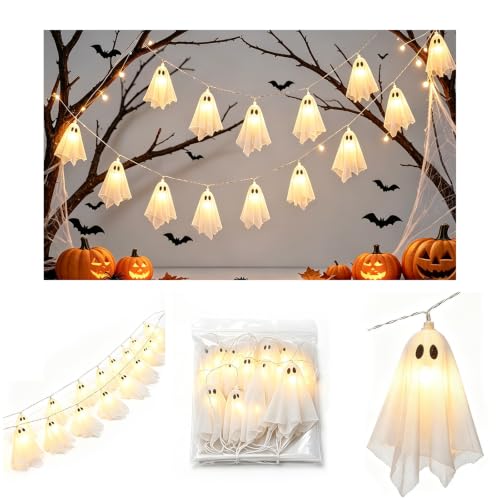 White 6.5FT Fabric Ghost String Lights for Halloween Party - Warm Glow