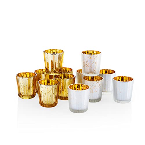 Set of 12 Silver and Gold Mercury Glass Votive Candle Holders - Wedding, Holiday Decor