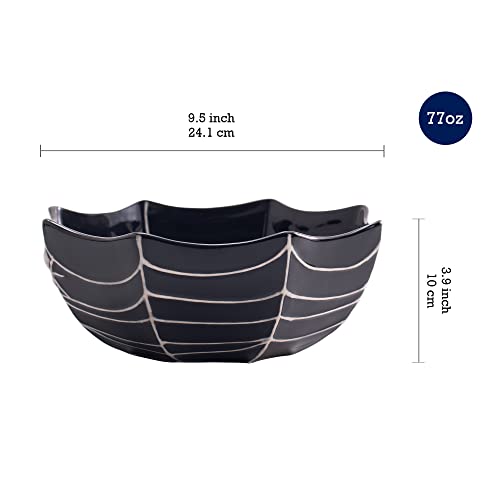 Halloween Spider Web Ceramic Candy Bowl 9.5 Inch Black Treat Dish - Microwave & Dishwasher Safe