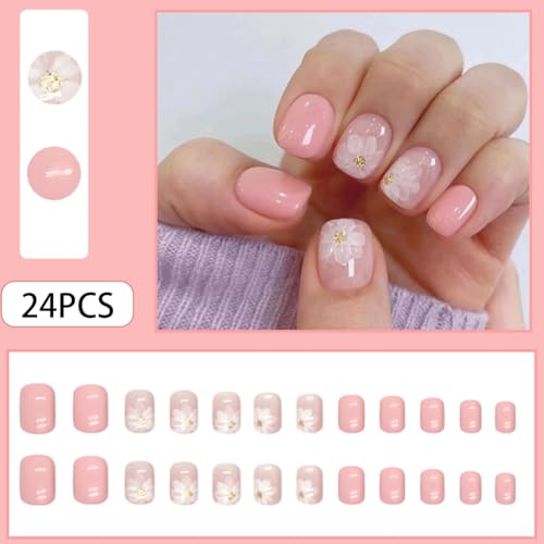Pink Acrylic Short Square Nails with Iced Camellia Design - 32pcs Press On Fake Nails