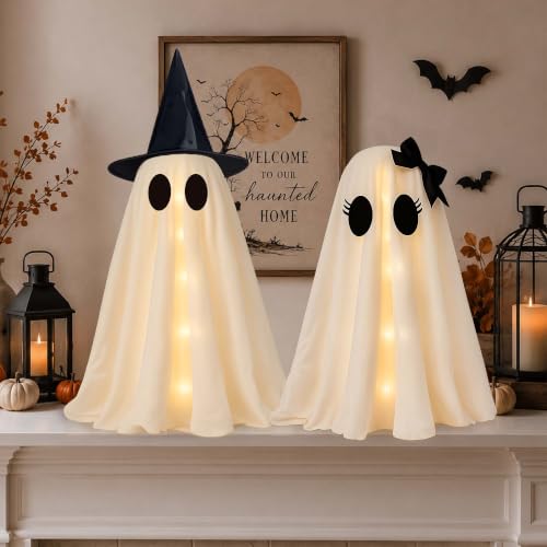 24 Inch Halloween Ghost Decorations - Light Up Ghosts with Witch Hats - DIY Spooky Yard Decor - 2 Pack