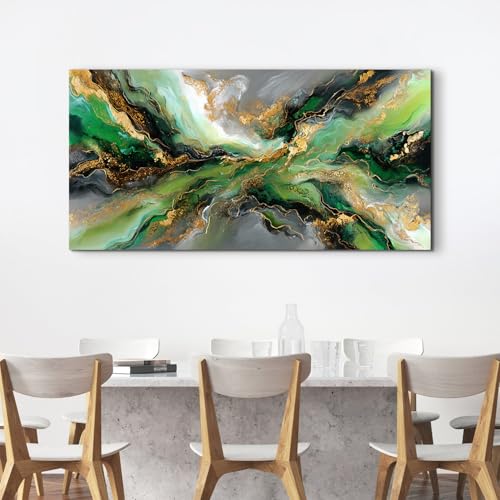 Emerald Green Abstract Wall Art - 40x20 Inch Canvas Painting with Gold Accents - Variation: Abstract03