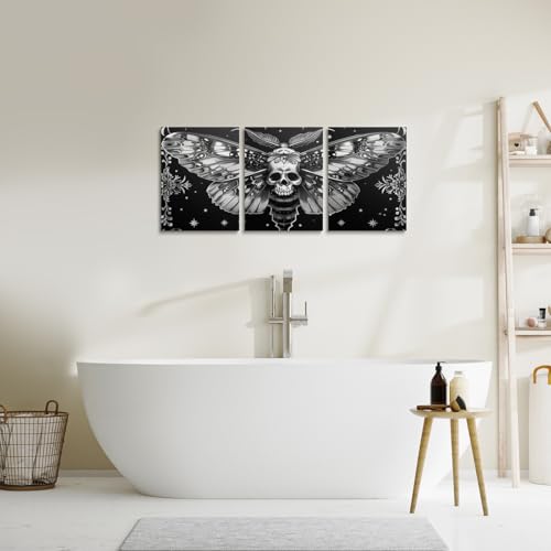Gothic Death Skull Moth Wall Art Canvas Set - Boho Bedroom & Living Room Decor - Dark Black & Grey