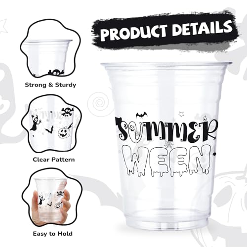 Summer Halloween Ghost Plastic Cups - 50 Pack, 16 oz, Disposable Party Drinkware