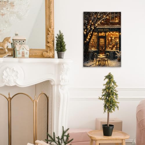 Winter Bookstore Wall Art Canvas Framed Painting 11x14 - Holiday Decor