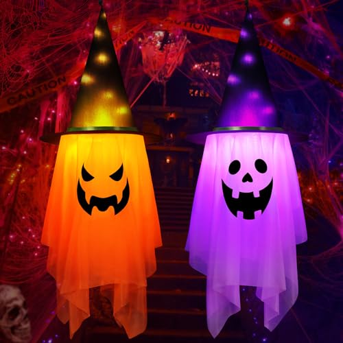 Halloween Outdoor Decorations 2 Pcs Glowing Ghost Witch Hats Hanging Decor - Variation of Ghosts Decor