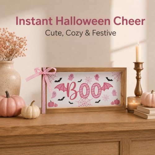 Pink Halloween Wooden Sign - Girly Boo Wall & Table Decor with Pumpkin & Ghost