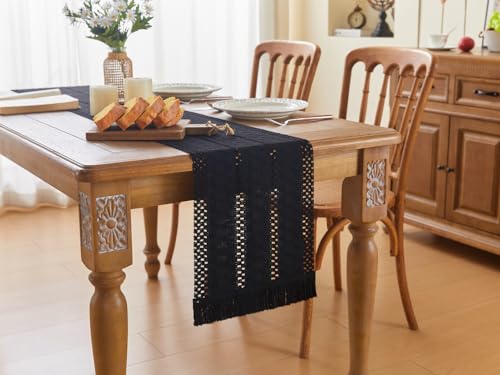 Black Table Runner 12x71 Inches with Tassels Boho Rustic Farmhouse Decor
