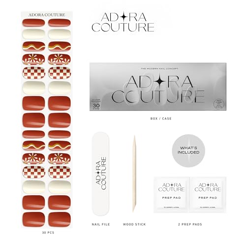 Adora Couture Retro Rust Gel Nail Strips Set - Semi Cured UV Nail Wraps, Manicure Kit with Prep & File
