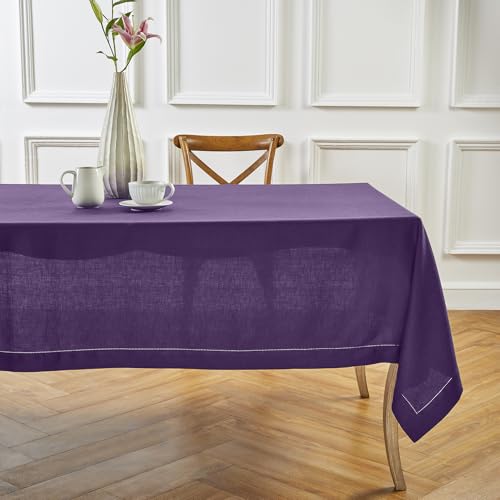 Purple Linen Tablecloth 60 x 156 Inches with Hemstitch - Elegant Dining Decor