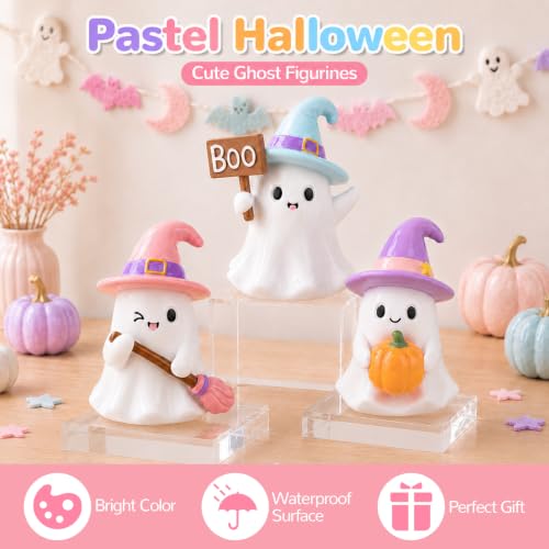 Pink Halloween Ghost Figurines Set of 3 with Pumpkins - Fall Decor