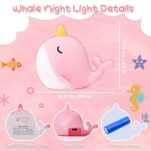 Pink Narwhal Night Light for Kids, Silicone Bedside Lamp with Dimmable & 30-Min Timer