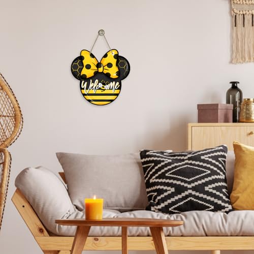 Welcome Spring Summer Door Sign - Bee Yellow Black, Farmhouse Front Door Decor - Bee Variation