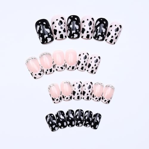 French Tip Fake Nails Short Square with Glitter Rhinestones & Cow Print - Black & White Variation 34