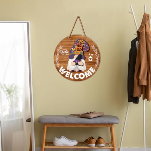 Yuzi-n Interchangeable Gnome Welcome Sign Fall Halloween Front Porch Decor - Red Brown