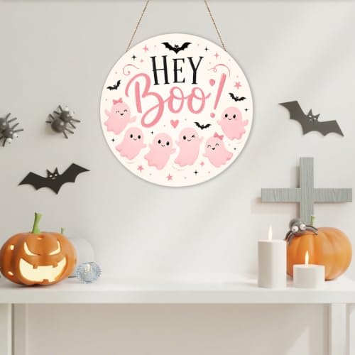 Pink Halloween Ghost Door Decor Wooden Sign - Hey Boo! 02