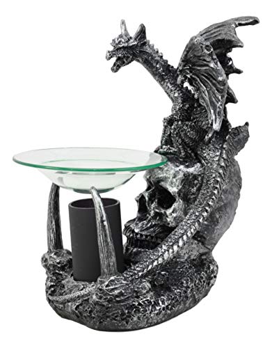 Sabretooth Skull Dragon Oil Warmer - Gothic Decor, Fantasy Fireplace, 8.5" with Variation Grendel Sabretooth Skull Guardian