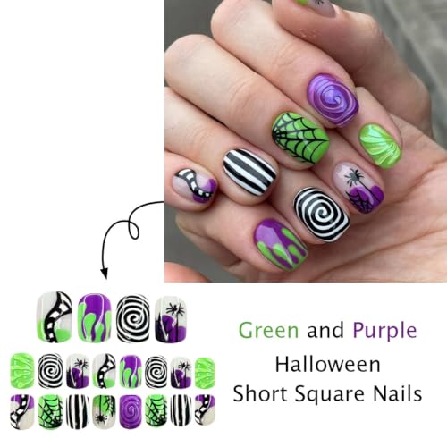 Halloween Short Square Press On Nails with Spider Web Design - Black & White Spiral Stripe, 24Pcs - Halloween-19