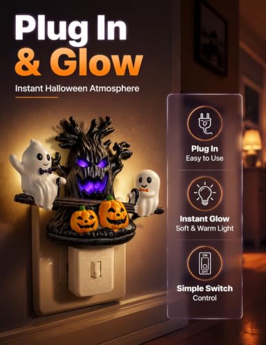 Ghost Tree Night Light - Halloween Spooky Tree & Ghost Plug-In Nightlight - Purple LED Decor