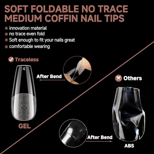 Medium Coffin Nail Tips Set 216PCS X-Soft False Nails with 12 Sizes - Professional DIY Gel Tips
