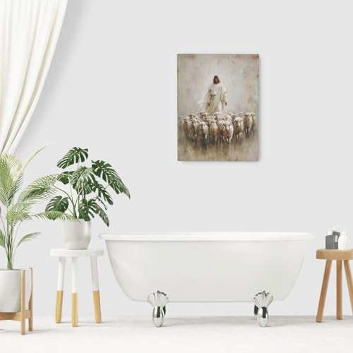 Jesus and Lamb Wall Art Canvas Print Religious Decor for Living Room Bedroom - 16x12 Inches