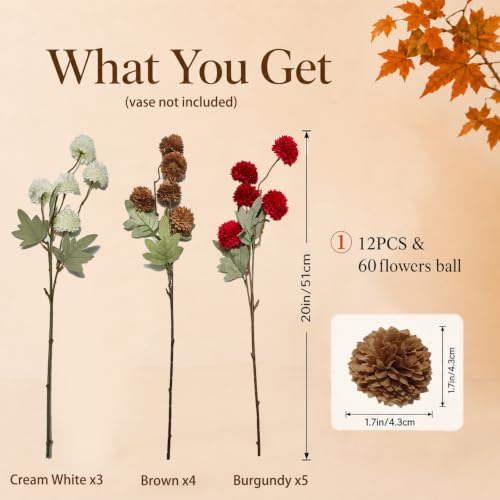 Artificial Fall Chrysanthemum Flowers Set - Burgundy, Cream White & Brown 12 Bundles