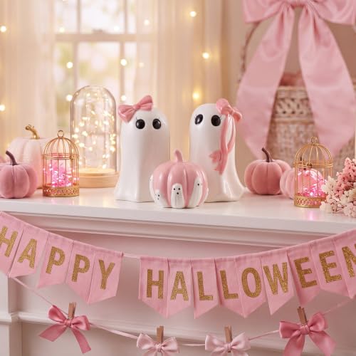 Pink Halloween Decor Set - Cute Ghost & Pumpkin Table Centerpieces - Elegant Style