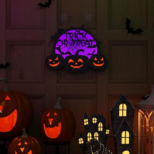 Purple Halloween Pumpkin Lights LED Jack O Lantern with Moons & Web - USB/Battery Powered